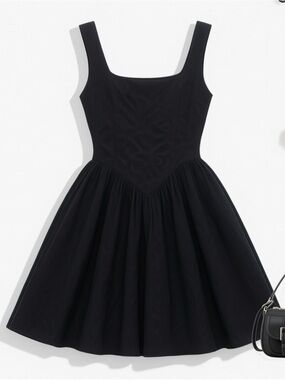 OYS Square Neck Black Mini Fit-and-Flare Dress